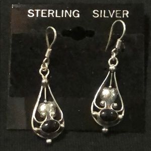 sterling silver w/onyx Native Indian design dangling earrings